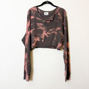 J.Crew Peach & Brown Tie-Dye Thermal Waffle Knit Crop Top Henley, Size XL